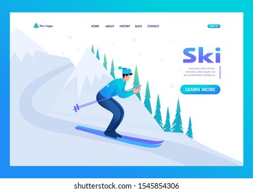 Young man skiing in Christmas vacation, winter fun. Flat 2D character. Landing page concepts and web design