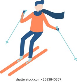 Young man skiing downhill wearing an orange sweater, blue pants and scarf, holding ski poles, enjoying winter sports and snowy mountain landscape