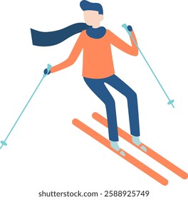 Young man skiing downhill, wearing an orange sweater, blue pants and scarf, holding ski poles, enjoying winter sports and outdoor activities