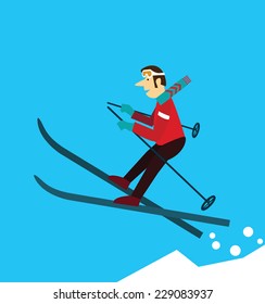 young man skiing. flat character design. vector illustration