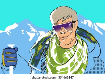 young man skiing. mountain landscape.vector background.