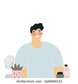 Young Man And Skin Care, Masks, Patches, Creams, Cosmetics. Male Beauty Vector Illustration.