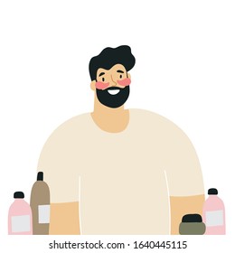 Young Man And Skin Care, Masks, Patches, Creams, Cosmetics. Male Beauty Vector Illustration.