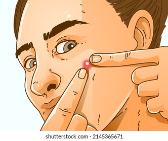 A young man with skin problems. Pimple-popping. Pimple problems. Healthcare illustration. Vector illustration.