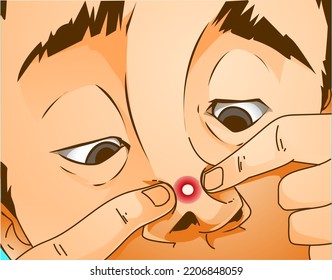 A young man with skin problems. Pimple-popping. Pimple problems. Healthcare illustration. Vector illustration.