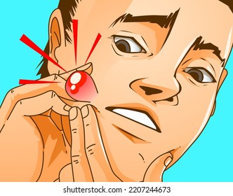 A young man with skin problems. Pimple-popping. Pimple problems. Healthcare illustration. Vector illustration.