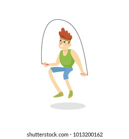 Young man skipping with jump rope, man working out in fitness club or gym, active healthy lifestyle cartoon vector Illustration
