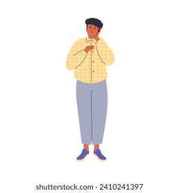 Young man sleep with folded hands under cheek, fatigue gesture emotion vector illustration. Cartoon tired businessman or boy sleep on workplace while standing in dreaming pose isolated on white