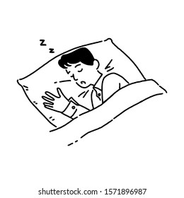 Young man sleep at night in bed, good sleep concept, hand-drawn style vector illustration.
