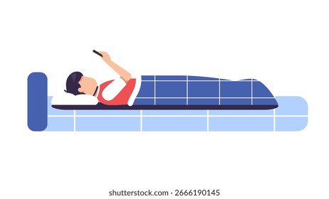 Hombre joven duerme en la cama y jugando smartphone, concepto de internauta