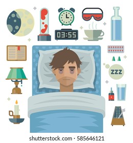Young man with sleep problem. Man try to sleep on pillow in his bed under the blanket. Exhausting insomnia, no dreams. Collection of items, alarm, lamp, book, water, medicine, tea. Vector illustration