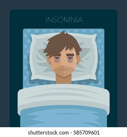 Young Man With Sleep Problem. Man Try To Sleep On Pillow In His Bed Under The Blanket. Exhausting Insomnia, No Dreams. Vector Illustration Art.