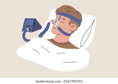 Young man sleeping with anti-apnea device. Deep healthy sleep. Sudden cessation of breathing during sleep. Vector illustration isolated on transparent background in flat style.