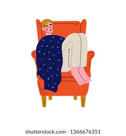 Young Man Sleeping in Armchair Under Blanket, Guy Spending Weekend at Home and Relaxing Vector Illustration