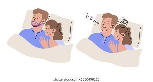 Hombre joven que duerme con un vendaje en su cara de roncar. Sueño profundo y saludable. La mujer duerme mal debido a los ronquidos de su pareja. Ilustración vectorial aislada sobre fondo transparente