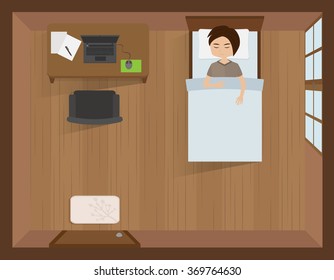 Young Man Sleeping In Bed With Laptop On The Table, Interior Bedroom Top View Vector