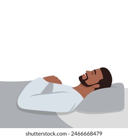 Young man sleeping in bed side view. Flat vector illustration isolated on white background