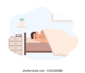 Young man sleeping beside nightstand with electronic alarm clock on it. Male cartoon character lying in bed. Scene of morning awakening, start of day. Colorful vector illustration in flat style