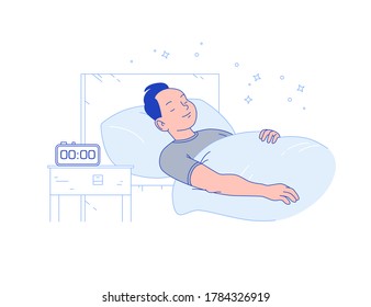 Young man sleeping in cozy bed with alarm clock on on night table. Sleep time and sleep mode control. Vector flat illustration, line art.