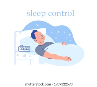Young man sleeping in cozy bed with alarm clock on on night table. Sleep time and sleep mode control. Vector flat illustration, line art.