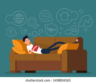 Young man sleeping and dreaming of something. Vector illustration relax concept, Tired man sleeping. Happy flat cartoon character design.