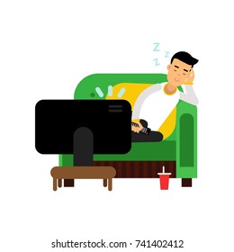 Young man sleeping in front of the TV cartoon vector illustration