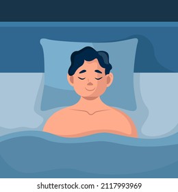 Un joven está durmiendo en su cama. Dormir sano. Ilustración vectorial en un estilo plano