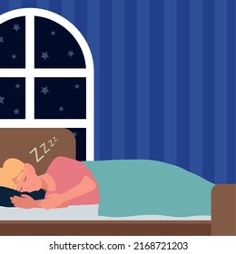 young man sleeping on bed, night scene