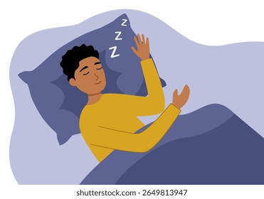 Jovem dormindo na cama. Cara deitado em cama confortável e travesseiro. 