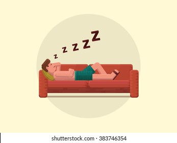 Young man sleeping on the couch, flat vector illustration