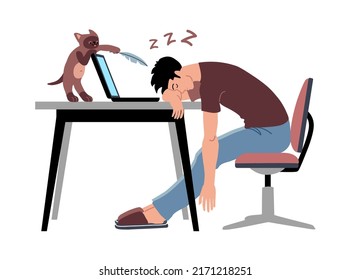 A young man is sleeping on the desktop. The concept of  work burnout. Funny kitten tickles its owner. Color vector illustration isolated on a white background in a cartoon and flat design.