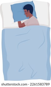 Young man sleeping on side comfortably semi flat color vector character. Editable figure. Full body person on white. Simple cartoon style illustration for web graphic design and animation