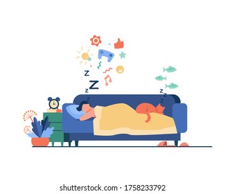 Young man sleeping on sofa with cat isolated flat vector illustration. Cartoon character dreaming under duvet at night. Nighttime and comfort concept