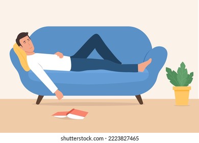 Young man sleeping on sofa with fallen book.Weekend Recreation Concept.Vector illustration