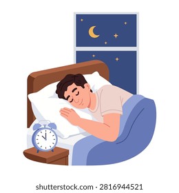 Young Man Sleeping Peacefully at Night. Healthy Sleep Routine and Restful Lifestyle. Vector Illustration.