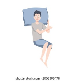 Young man sleeping in pose on back. Top view on guy lying in comfortable posture on pillow in cozy bed. Flat cartoon vector illustration isolated on white background.