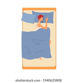 Young man sleeping restful in bed, flat vector illustration isolated on white.