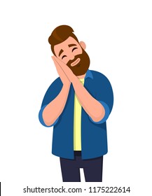 Young man sleeping tired dreaming and posing with hands together while closed eyes.  Calm relaxed guy holding hands 
 together on cheek while standing. 
Emotion and body language concept in vector.