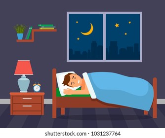 A young man is sleeping under a blanket in bed in the background of a window with a panorama of the city. bedroom interior. flat vector illustration