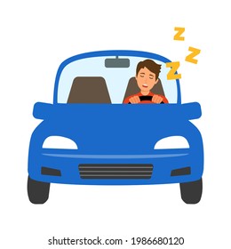 Young man sleeping while driving car in flat design on white background. Tired and fatigued driver concept.