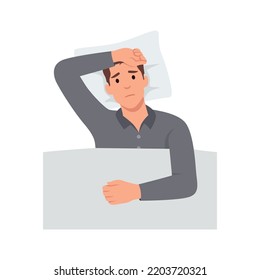 Young man sleepless suffers from insomnia, sleep disorder. Sad tired male character lying in bed with open eyes, trying to fall asleep. Flat vector illustration isolated on white background