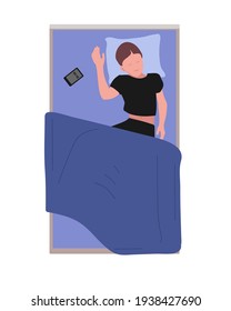 Young Man sleeps alone in bed in relax pose. Guy sleeping at night in pajama under blanket. Near lies mobile phone. Man smiles in dream. Male character. Top view. Flat cartoon vector illustration.