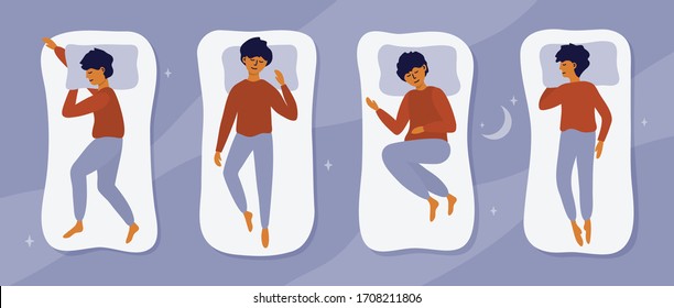 Young man sleeps in bed. Handsome boy in pajama sleeping in different poses. Night sky with crescent moon and stars. Sweet dream, good health, time for yourself. Stay home, relax vector illustration.