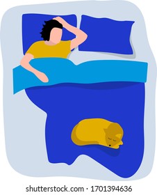 A young man sleeps on a large double bed. At his feet lies a sleeping cat. The view from the top. Vector flat drawing.