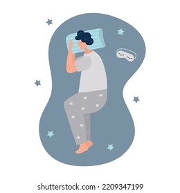 Young man sleeps on side. Vector illustration