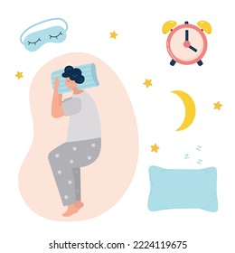 Young man sleeps on side. Vector illustration