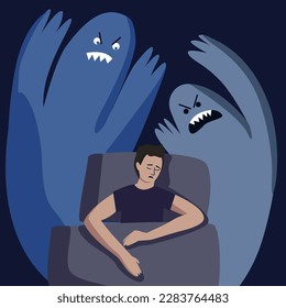 A young man sleeps restlessly, he has a nightmare with monsters. The concept of sleep disorders, nightmares, insomnia. Flat vector illustration.
