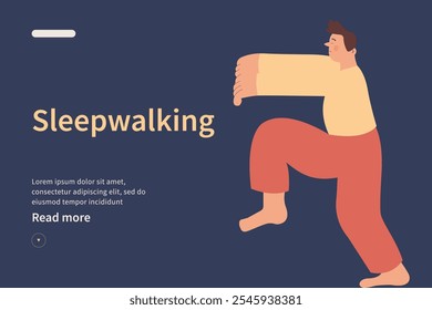 Young man sleepwalking website concept. Somnambulist walking in his dream with raised hands isolated on white background. Modern flat vector illustration