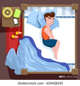 Young man in sleepwear sleeping on a double bed. Sleeping Pose. Top View man. Vector illustration.