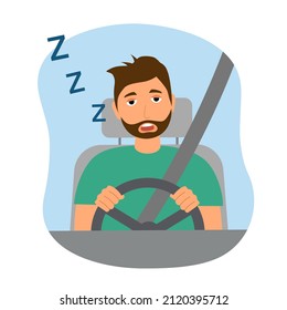 Young man sleepy while driving car in flat design on white background. Tired and fatigued driver concept.